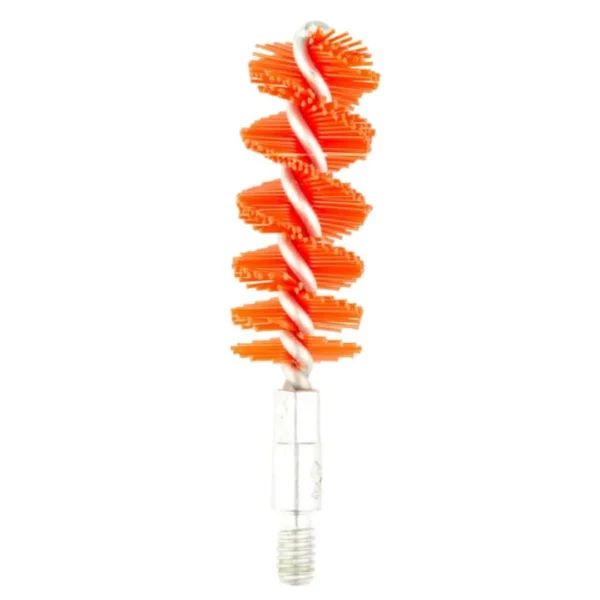 Birchwood Casey Nylon Bore Brush, orange spiral bristles with clear threaded stem, side view