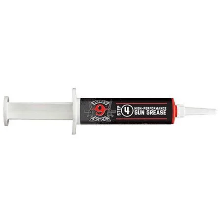 primary-51569 Hoppe's Black Grease Syringe, side view with white plunger and applicator tip