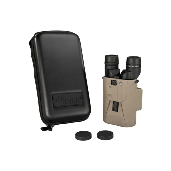 Sig Sauer ZULU6 HDX PRO OIS 16x50 Binocular, FDE front view with black case and lens caps