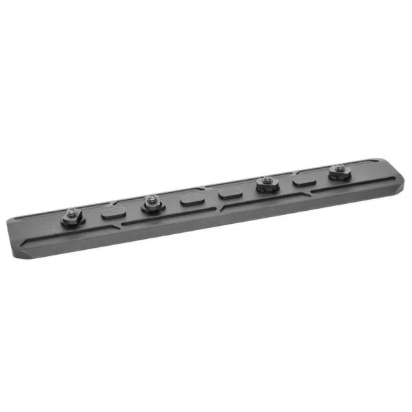 Warne Tactical ARCA Rail M-LOK Compatible 8 inch Black, angled top view with slots and four screws