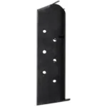 Chip McCormick Shooting Star M1911 Magazine, blued steel front view with witness holes
