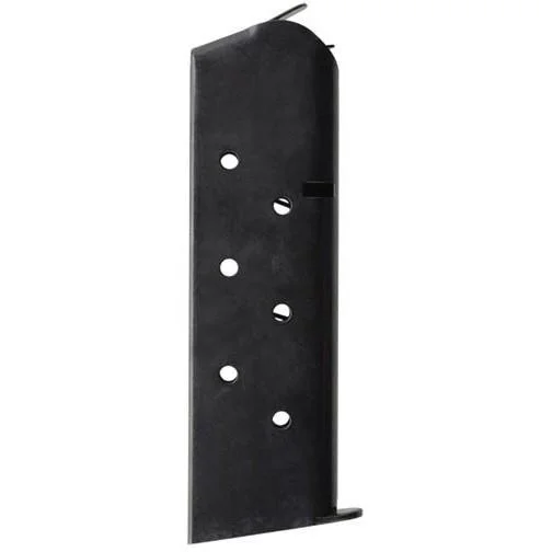 Chip McCormick Shooting Star M1911 Magazine, blued steel front view with witness holes