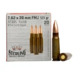 Global Ordnance Sterling Steel Case Rifle Ammunition, silver box with five cartridges