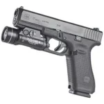 Streamlight TLR-1 HL-X USB Weapon Light, black light mounted beneath a pistol, left-side view