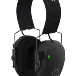 Walkers Game Ear Razor Rechargeable Muff in black, angled front view with padded headband