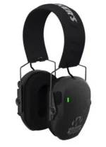 Walkers Game Ear Razor Rechargeable Muff in black, angled front view with padded headband