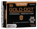 Speer Gold Dot black and gold ammunition box, front view