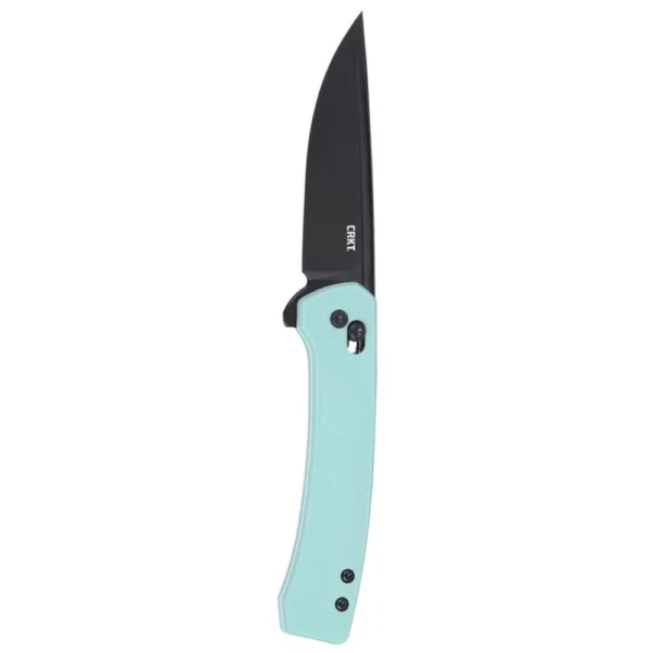 CRKT Q Compact folding knife open with blue handle and black drop point blade