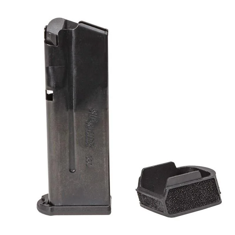 primary-51703 Sig Sauer P365 Micro Compact Handgun Magazine, black, side view with base plate beside it