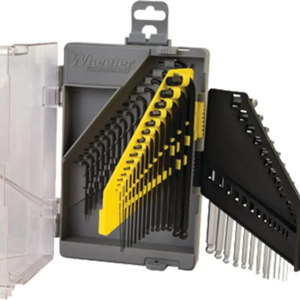 AOB Wheeler SAE/Metric/Hex/Torx Key Set in open black cases with yellow and black tool holders