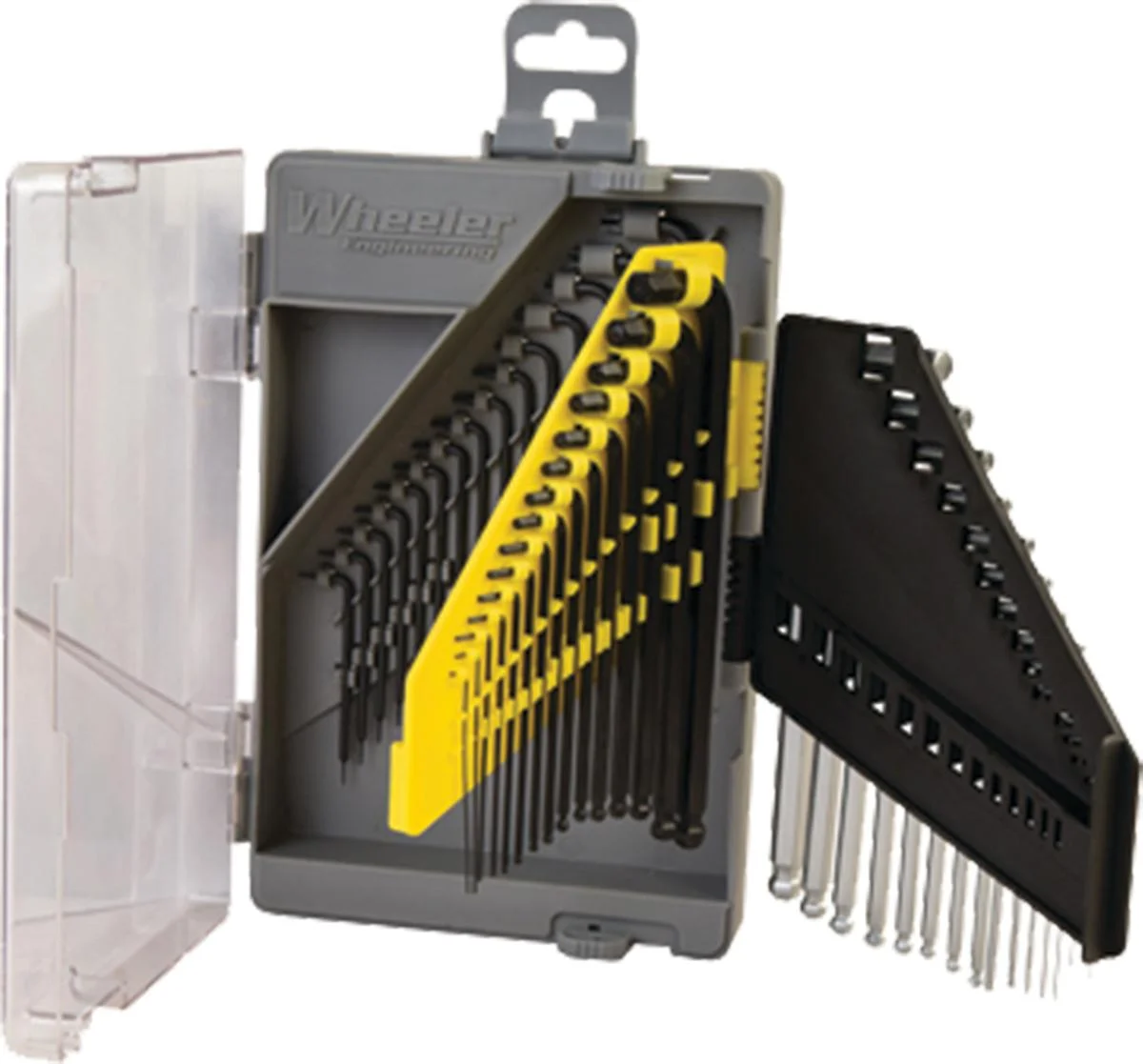 primary-51708 AOB Wheeler SAE/Metric/Hex/Torx Key Set in open black cases with yellow and black tool holders