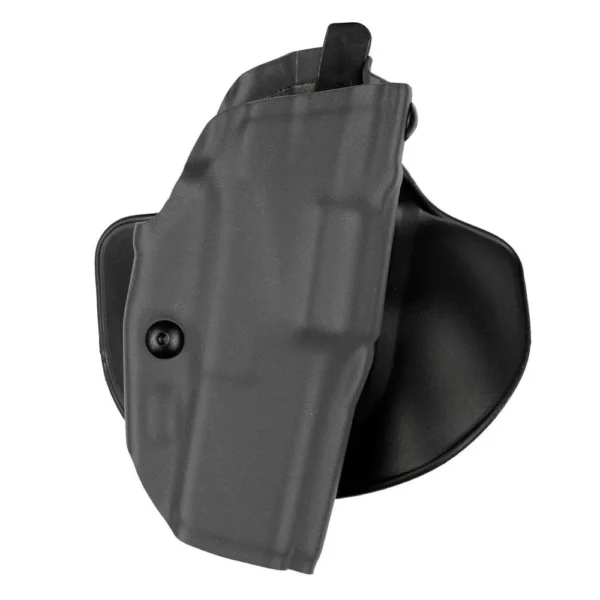 Safariland SL 6378 ALS black right-hand paddle holster, angled front view with retention hood