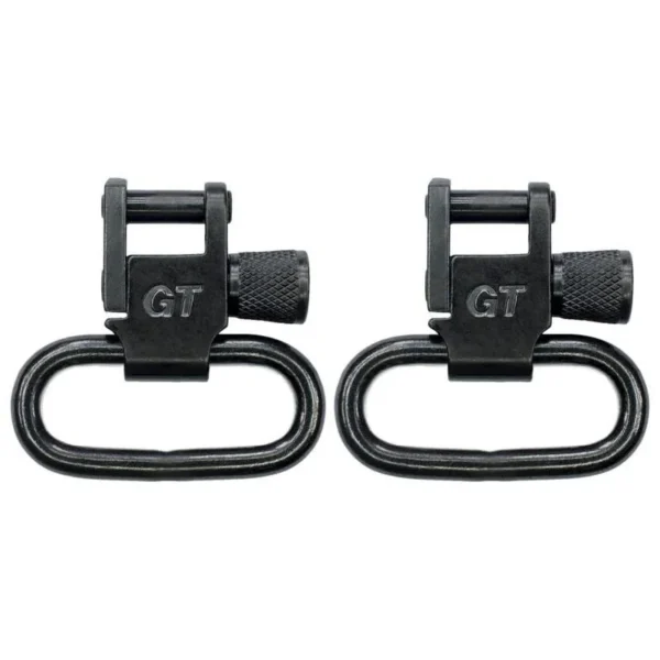 Grovtec 1-inch Locking Swivel Set, two black metal sling swivels with locking knobs