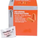 Champion Molded Foam Plugs, orange earplugs beside orange and gray retail box and packet