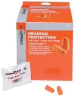 Champion Molded Foam Plugs, orange earplugs beside orange and gray retail box and packet