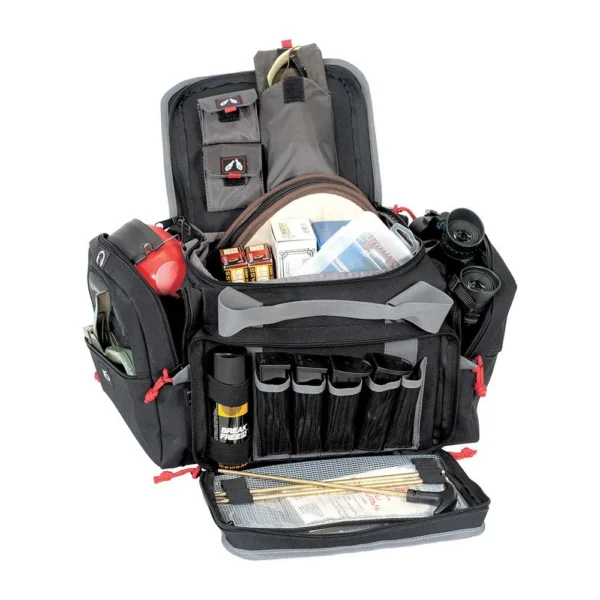 G-Outdoors Medium Range Bag, open black bag with red accents, pockets and stored accessories