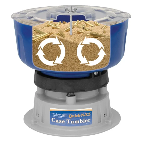 AOB Frankford Arsenal Quick N-EZ Case Tumbler, front cutaway view with blue bowl and brass cases
