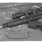 AOB Wheeler Delta Series AR-15 Maintenance Mat gray, top view with rifle and tools