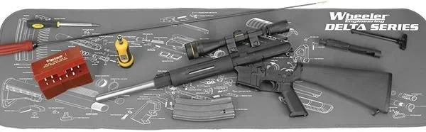 AOB Wheeler Delta Series AR-15 Maintenance Mat gray, top view with rifle and tools