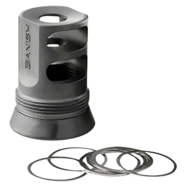 Banish 4581 30-Gold Muzzle Brake, black brake with side ports and loose metal shims