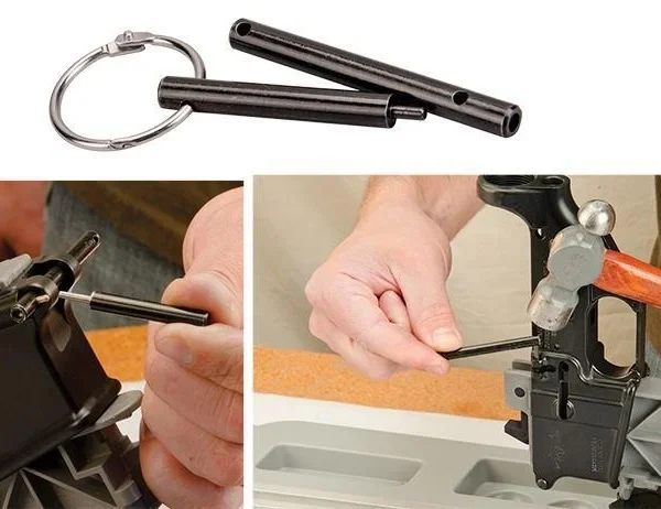 WHEELER AR PIVOT/ROLL PIN INSTALL black pin tools with key ring and two inset views showing use