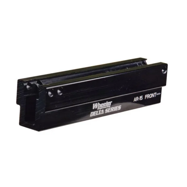 AOB Wheeler Delta Series AR Upper Rail Vise Block, black angled side view with top rail