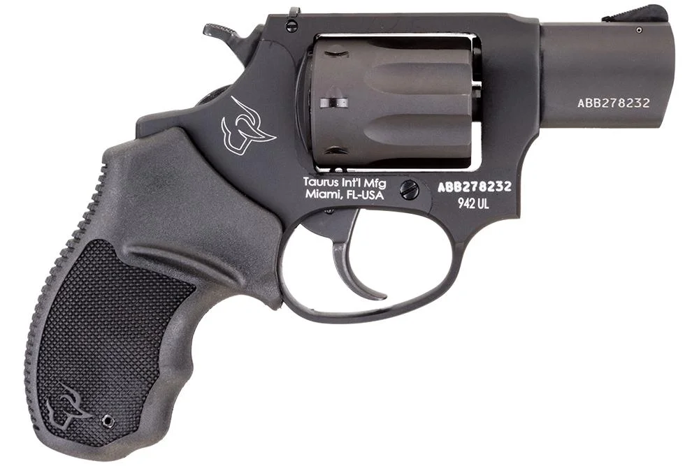 primary-51784 Taurus 942 UL, black left-side view with short barrel, exposed hammer and textured grip