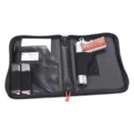 G-Outdoors GPS Tactical Pistol Case, black, open view with pistol and accessory pockets