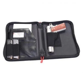 G-Outdoors GPS Tactical Pistol Case, black, open view with pistol and accessory pockets