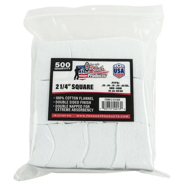 Pro-Shot 2 1/4-inch Square Cotton Patches, front view of clear bag filled with white patches