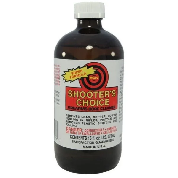 Shooter's Choice #7 Bore Cleaning Solvent in a dark bottle with white cap and front label
