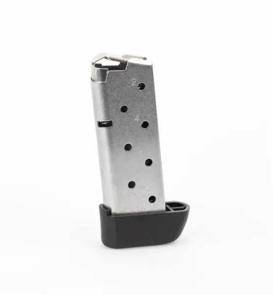 Kimber Micro 9 Stainless Steel Extended Magazine, silver magazine with black extended base