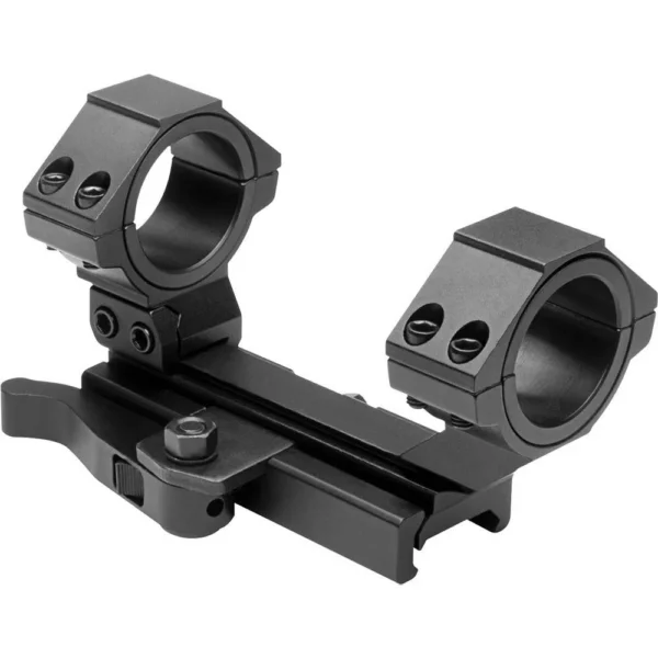 NcStar AR-15 Integral Rings & Base Cantilever Scope Mount, black angled view with two rings and QR lever