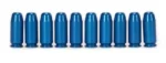 Pachmayr/Tacstar Division A-Zoom .40 S&W blue aluminum snap caps, ten upright in a row