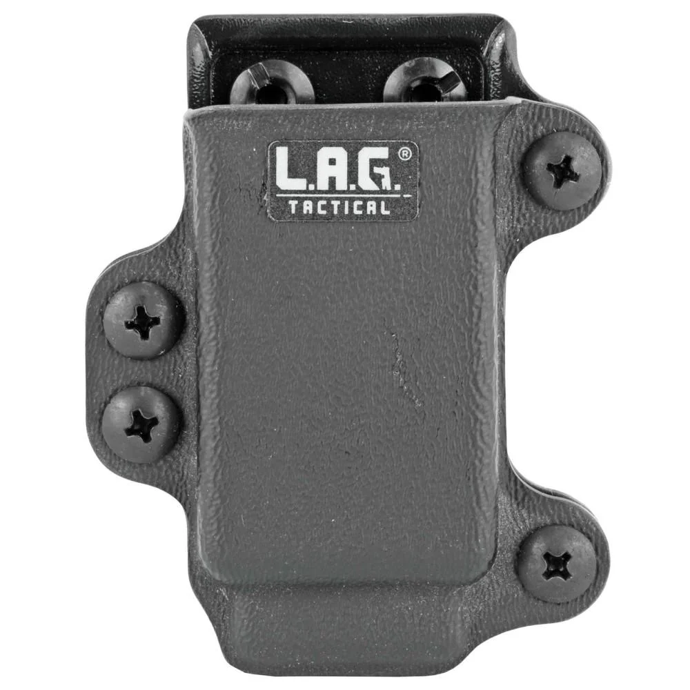 primary-51877 L.A.G. Tactical LAG SPMC MAG CARRIER 9/40 SLIM BLK, black carrier front view with screws