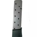 Kimber 1911 Magazine, stainless steel front view with witness holes and black extended base