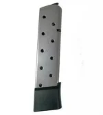 Kimber 1911 Magazine, stainless steel front view with witness holes and black extended base