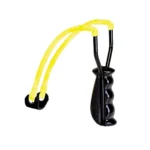Daisy F16 slingshot, black grip and frame with yellow bands in front view