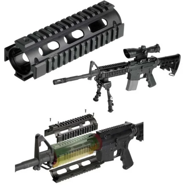 UTG PRO 4/15 CARB QUAD RAIL, black rail shown from multiple angles with vent holes and slots