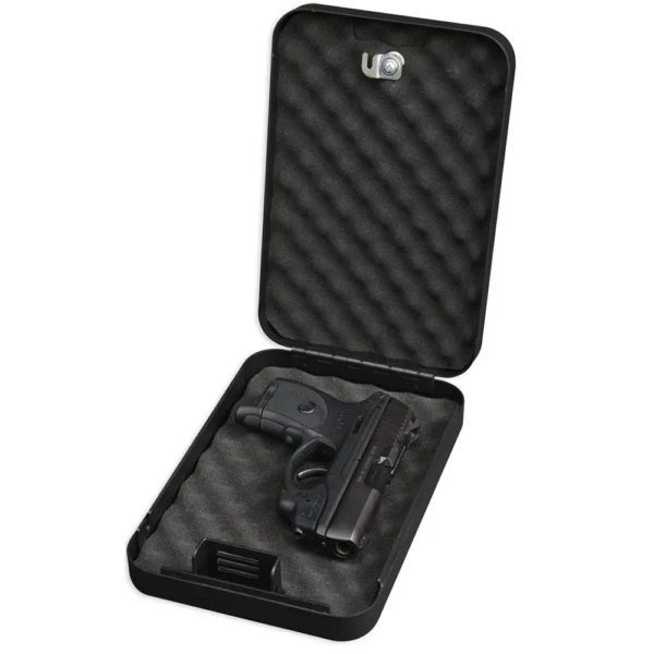 Bulldog Personal Safe, open black case showing key lock, foam lining and security cable