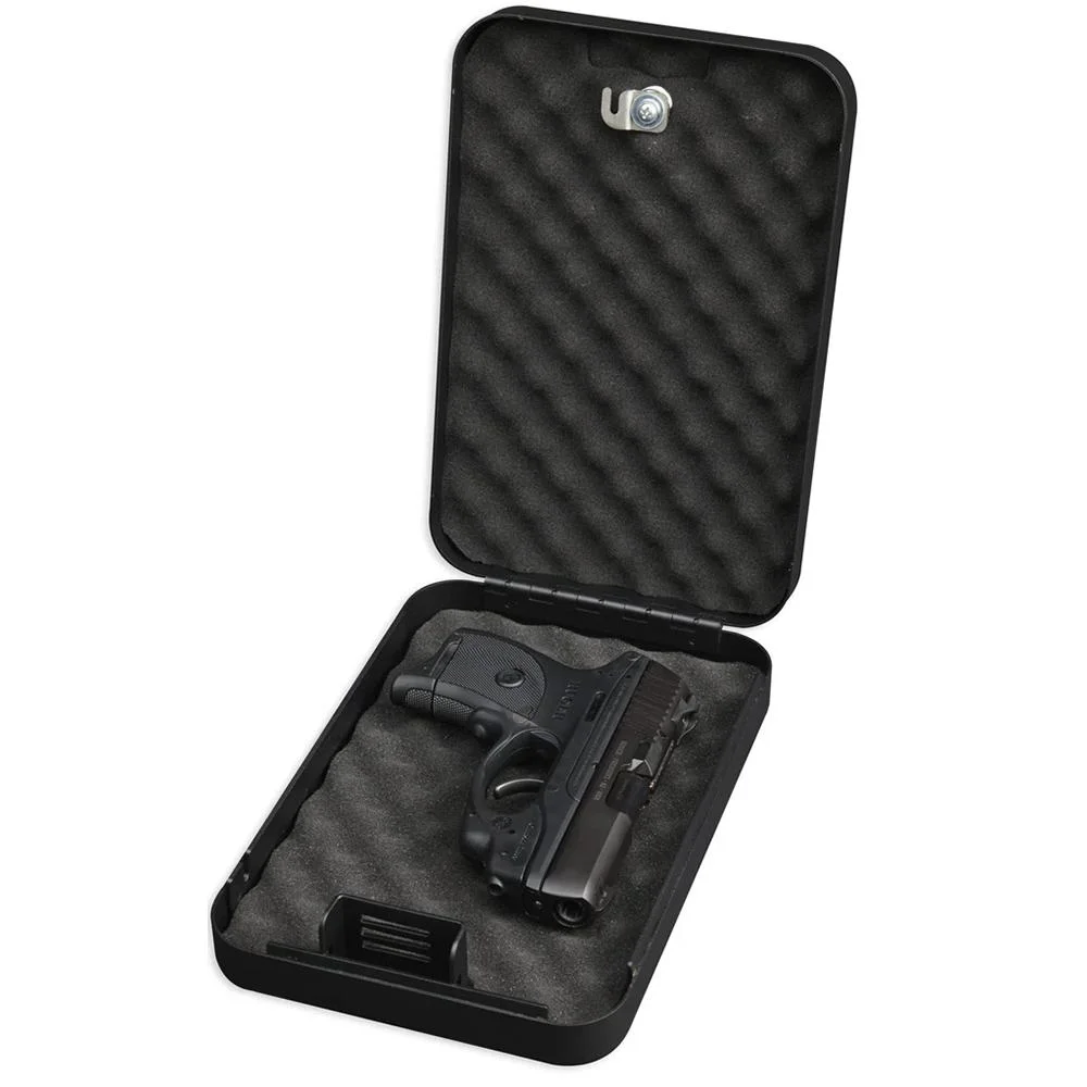 primary-51903 Bulldog Personal Safe, open black case showing key lock, foam lining and security cable