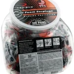 Radians 100 pairs of Uncorded Foam Earplugs, clear jar filled with multicoloured foam earplugs