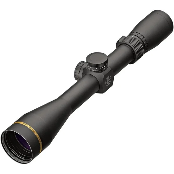 Leupold VX-Freedom 3-9x40 CDS Duplex, angled side view of black scope with capped turrets