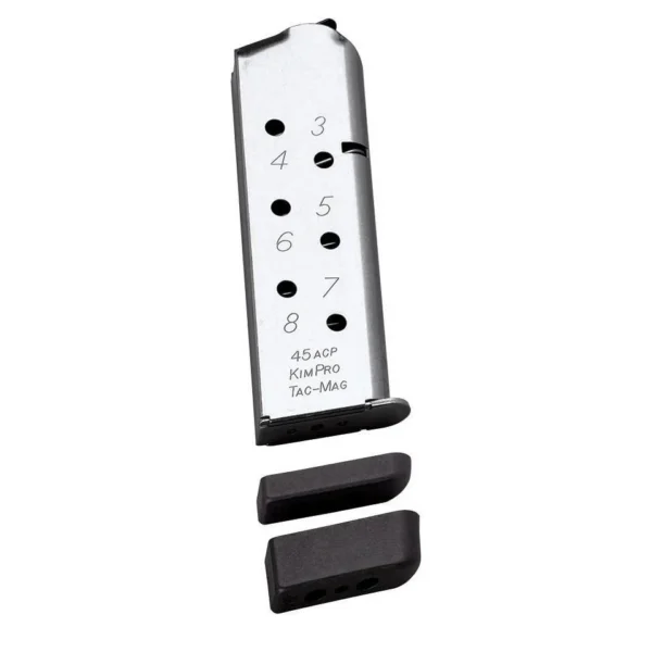 Kimber KimPro Tac-Mag 1911 magazine, stainless front view with witness holes and two base pads