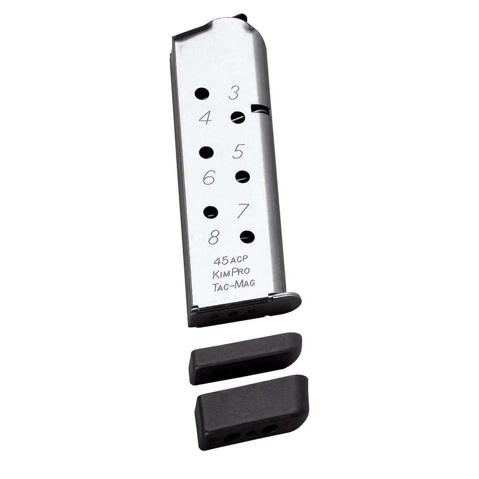 primary-51911 Kimber KimPro Tac-Mag 1911 magazine, stainless front view with witness holes and two base pads