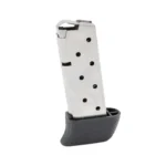 Kimber Micro 9 Extended Handgun Magazine, silver body with witness holes and black extended base