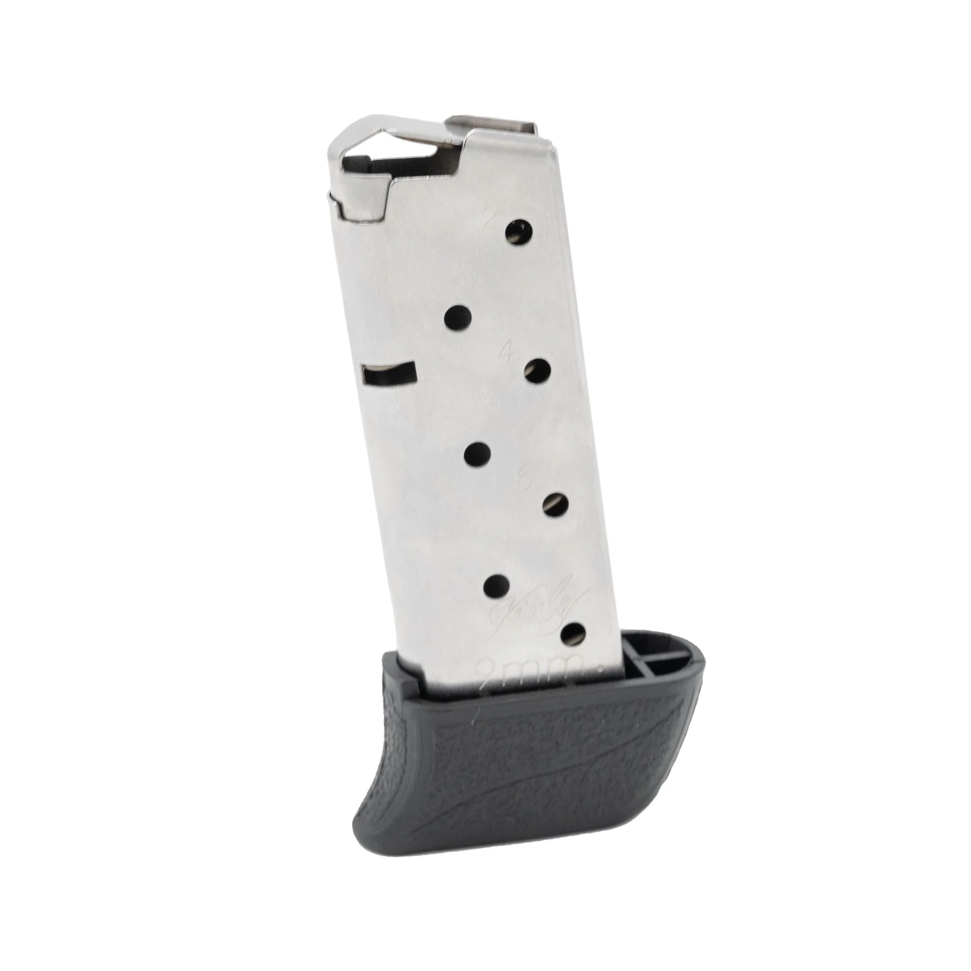 primary-51918 Kimber Micro 9 Extended Handgun Magazine, silver body with witness holes and black extended base