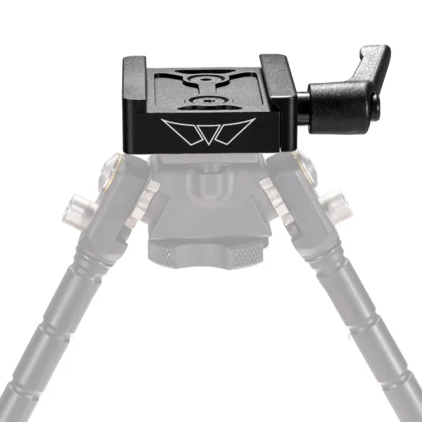 Warne Skyline Precision ARCA Rail Adapter Atlas, black front view mounted above a bipod