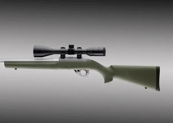 Hogue Inc. Olive Drab rifle stock, right-side view on a scoped rifle