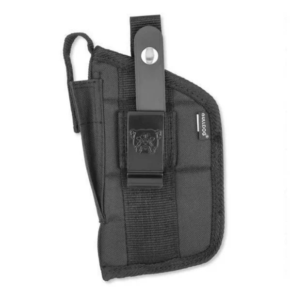Bulldog Extreme Handgun Holster black front view with belt loop, clip and snap strap
